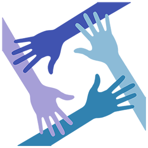 four hands that are different shades of blue and purple, laying over one another in a square