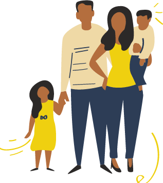 family of man, woman, boy and girl dressed in yellow