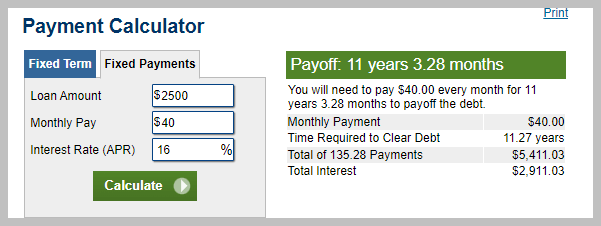 payment calculator screenshot showing details of a payment plan over 11 years and 3.28 months