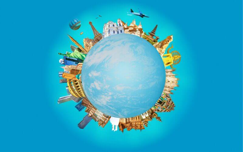 world globe with many world religious buildings, collage for multicultural holidays