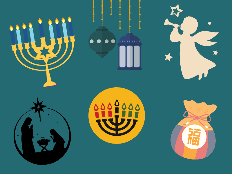 Diverse holiday symbols for all inclusive happy holidays diversity