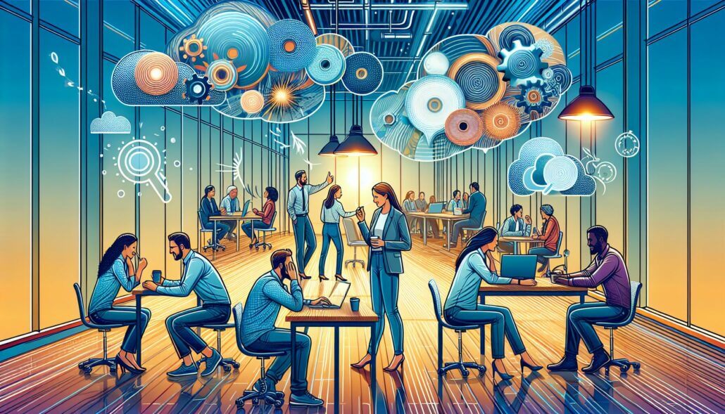 Illustration of numerous employees in separate groups, engaged in open communication and support