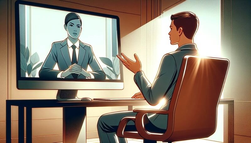 Graphic of man practicing a virtual mock interview in a corporate scenario