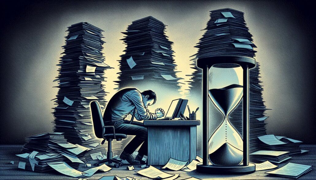 Illustration of a man feeling overwhelmed at work, bent over desk with piles of work, and an hourglass timer