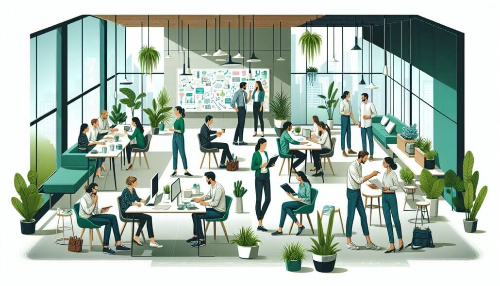 Illustration of a diverse group of employees in a supportive work environment