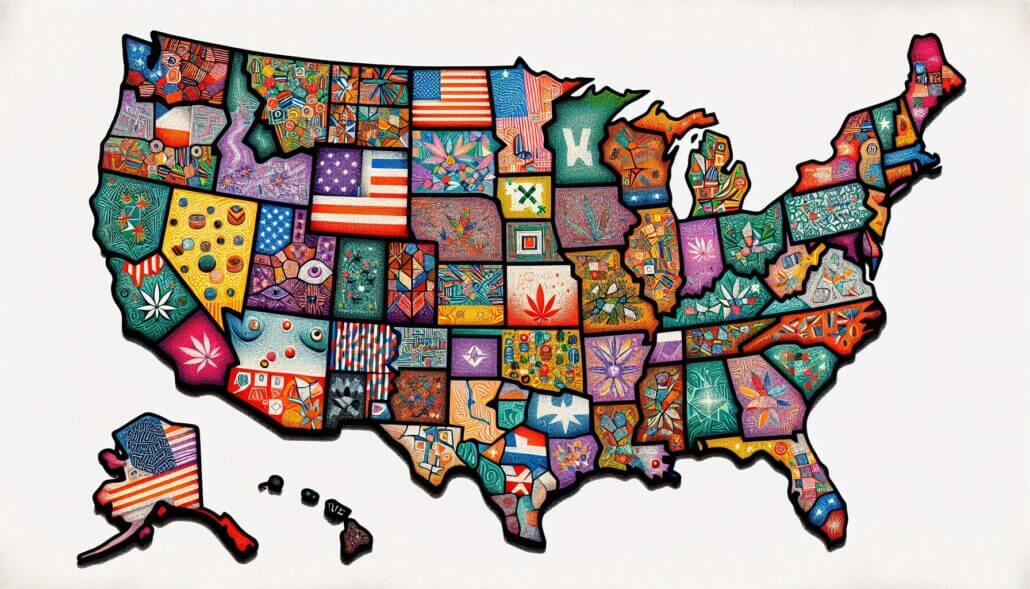 Illustration of a map of the United States with different drug testing laws