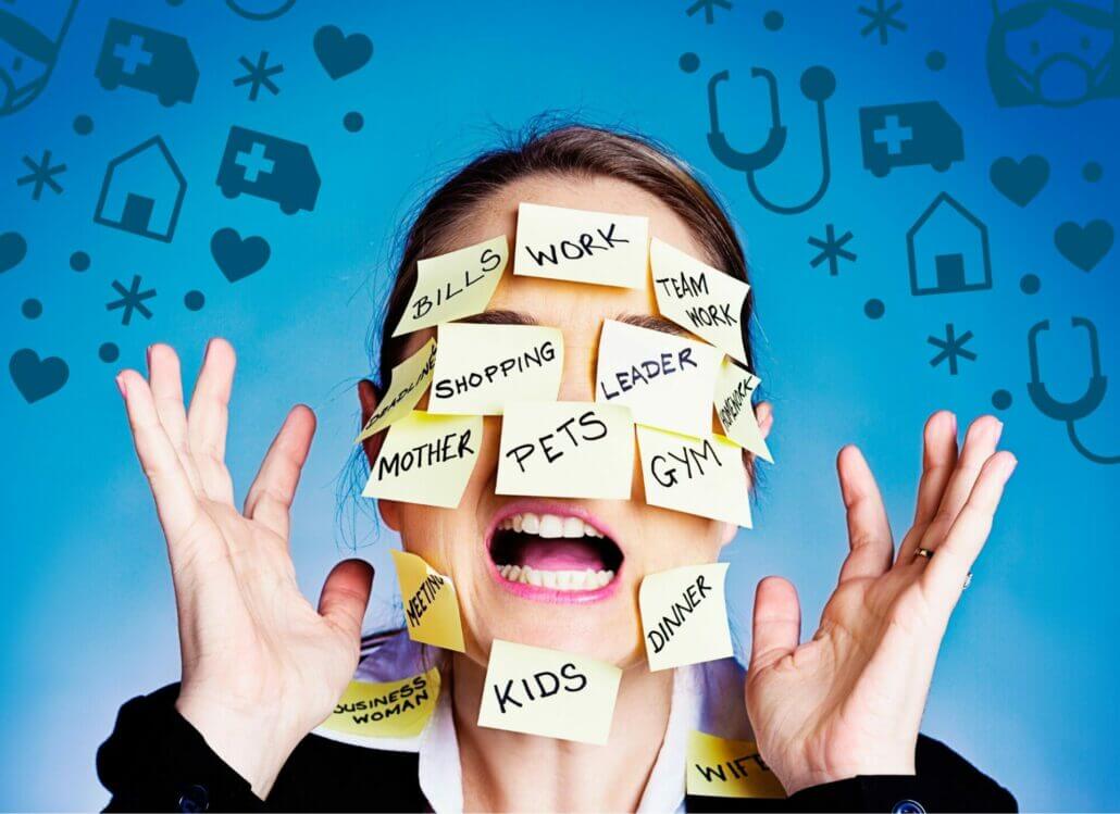 A woman with sticky notes all over her face representing the multiple roles she plays as a nurse