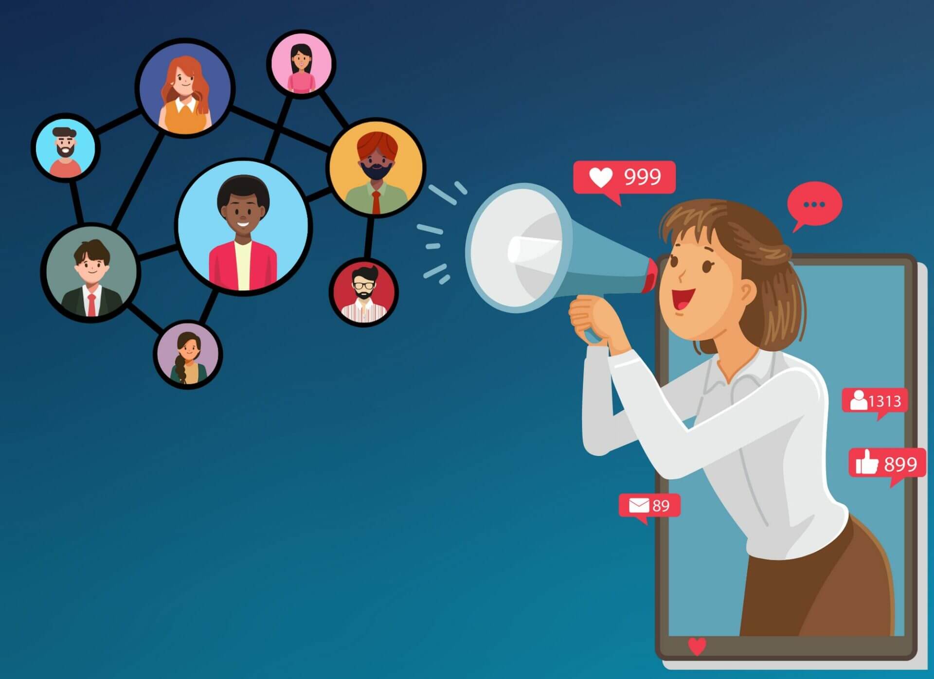 Illustration depicting a woman advertising job positions to potential candidates on social media