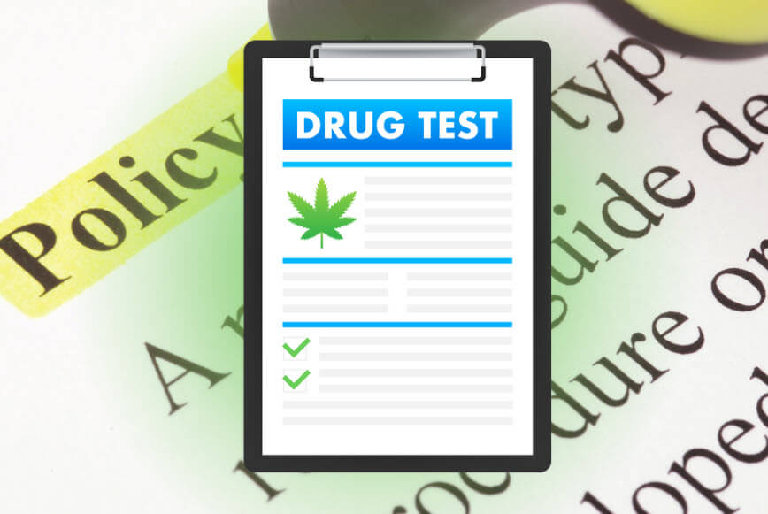 Drug test illustration overlay on policy book, representing fair and effective drug testing policy