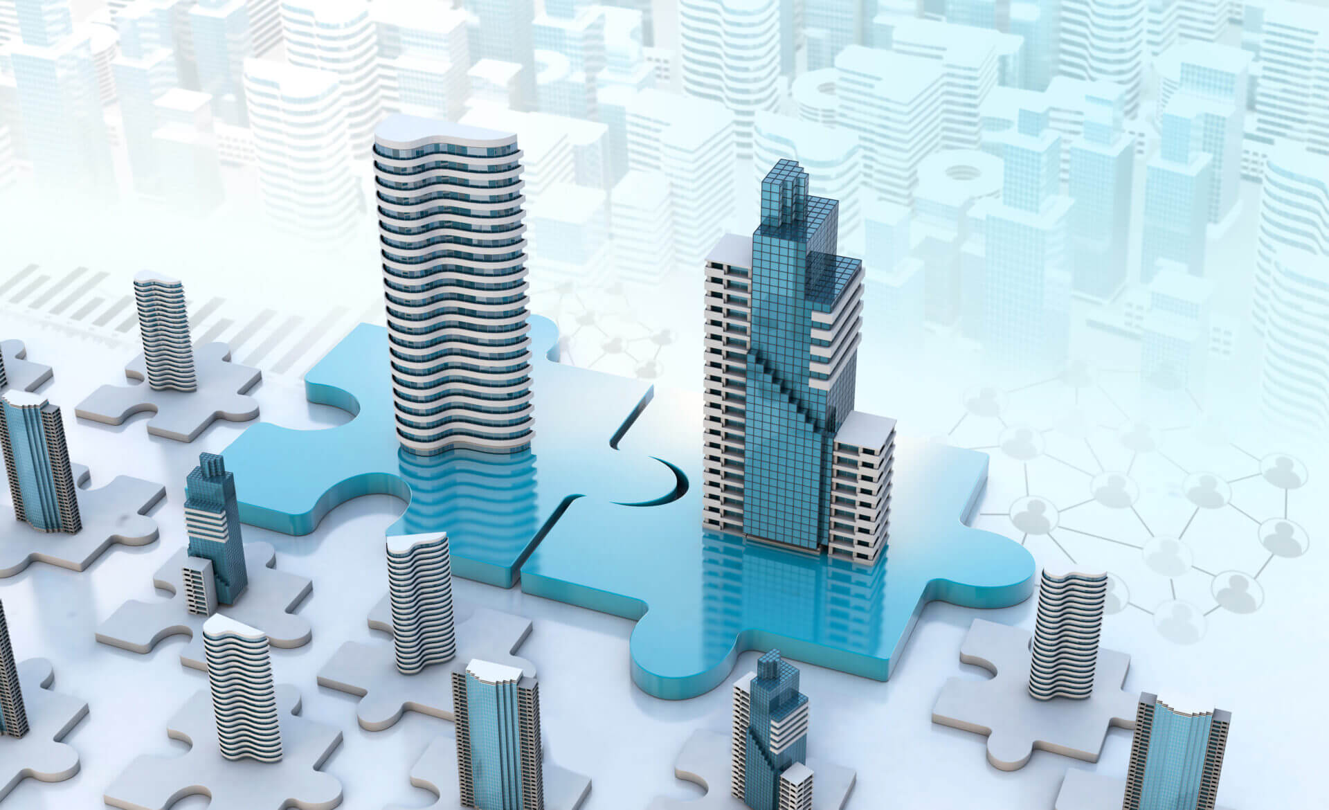 Illustration showing two skyscrapers on top of puzzle pieces joining together, representing a merger