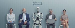 Image of robot sitting with applicants representing what jobs will AI replace