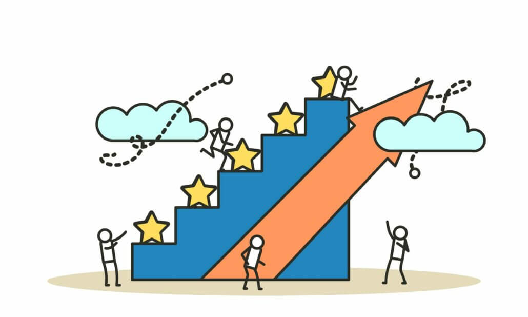 Illustration showing stick figures climbing up starts with stars signifying continuous improvement after a merger