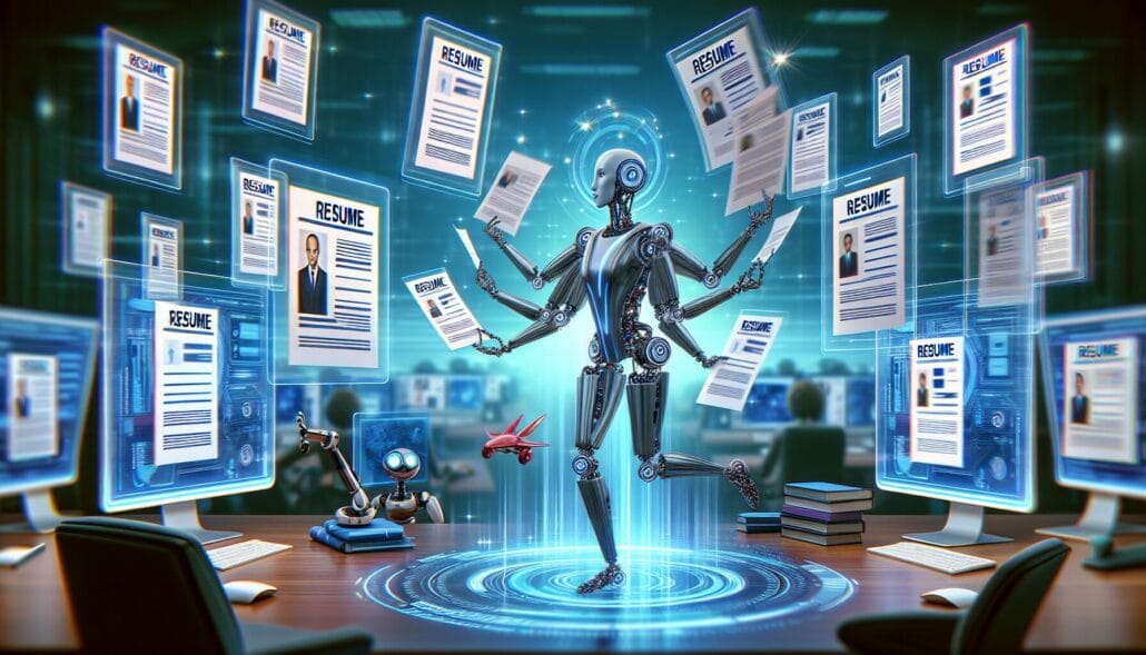 Illustration of a robot reviewing ATS-optimized resumes, representing an applicant tracking system 