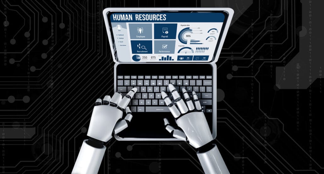 Illustration of robot hands typing on a laptop using HR software