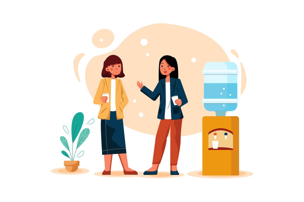 Illustration of onboarding buddies and mentors talking at the water cooler