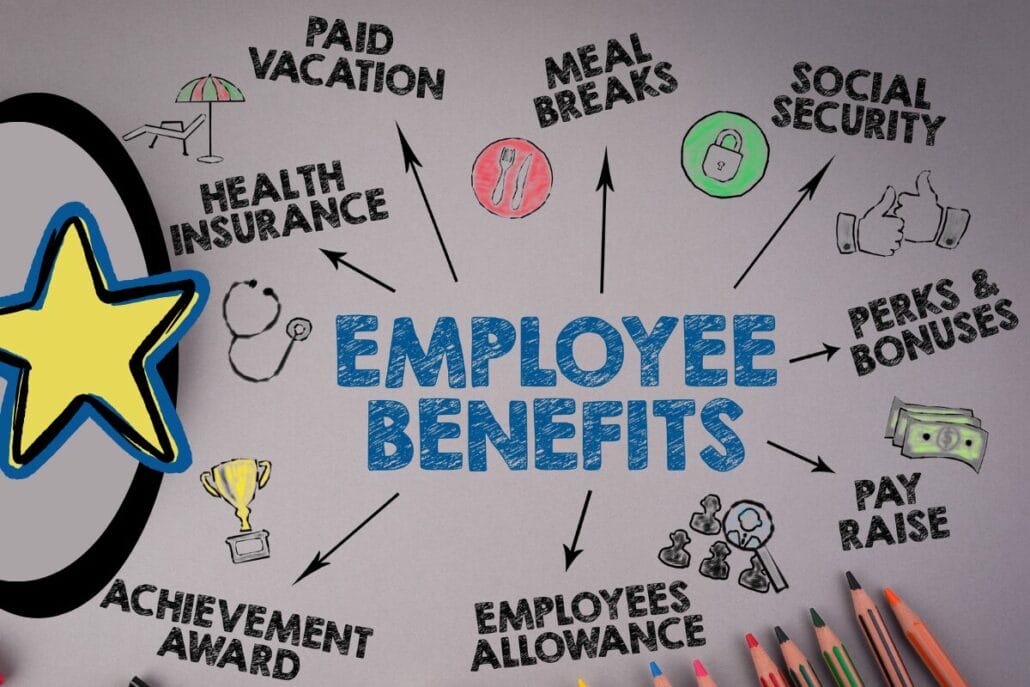 Illustration of various employee benefits including paid vacation and health insurance