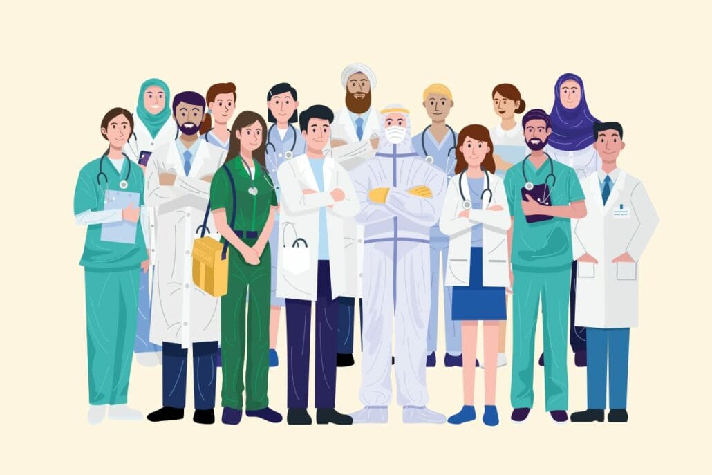 Illustration of diverse healthcare professionals promoting a positive work culture