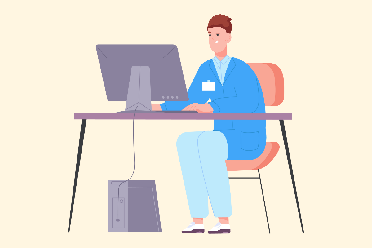 A healthcare HR team member using a computer