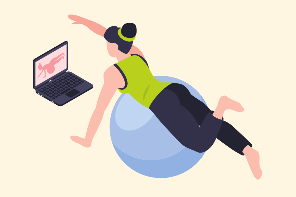 Illustration of a woman doing exercises at home using a workout video on a laptop