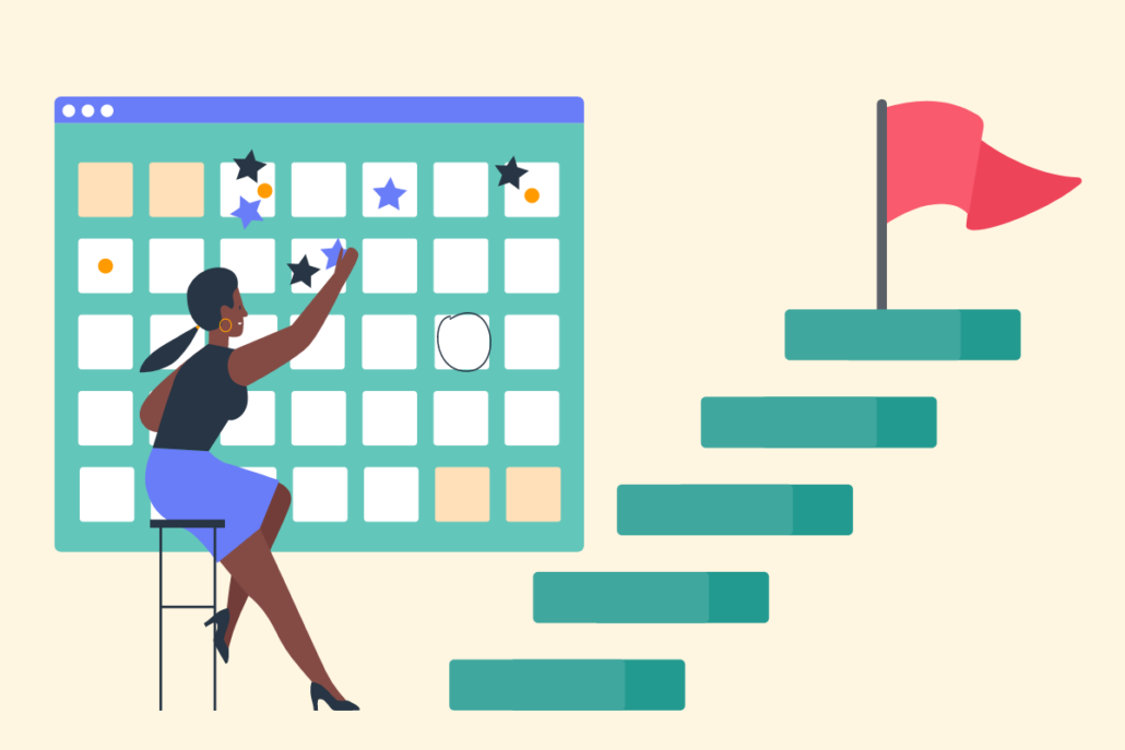 An illustration of a woman setting goals on a calendar with steps to a finish line flag next to her