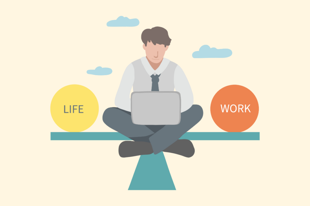 Illustration of a man on a teeter totter with the words life and work on each end