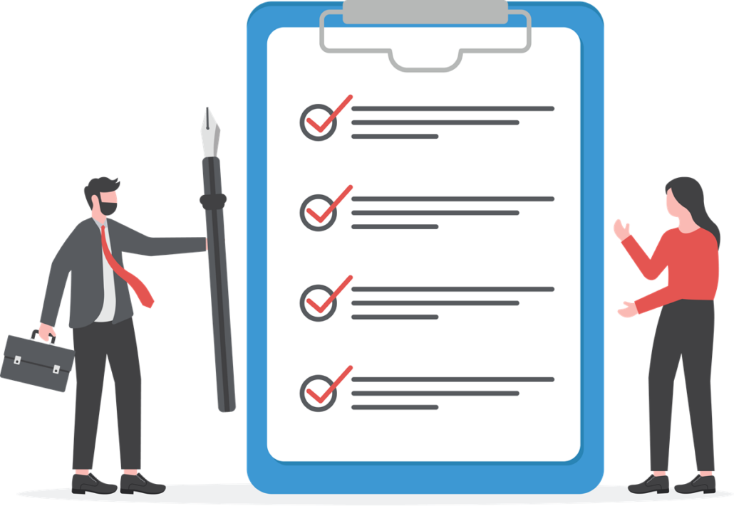 Illustration of two people standing beside a large checklist.