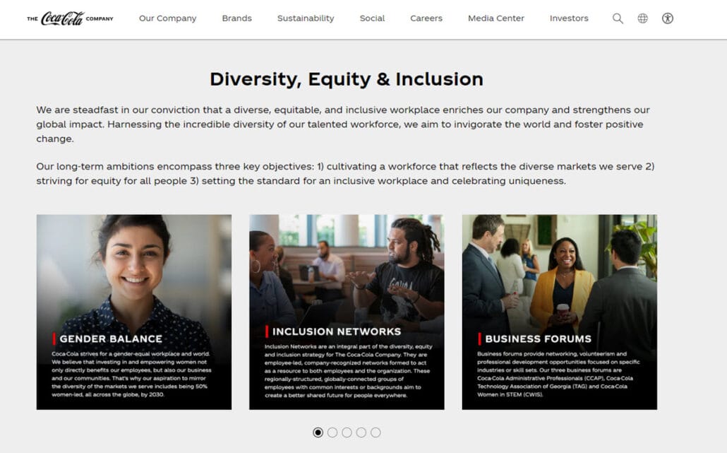 Coca Cola's careers page highlighting diversity, equity, and inclusion make the company a good employer brand example