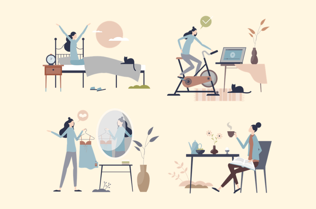 Illustration of a common morning routine for most remote workers - wake, exercise, get dressed, have coffee