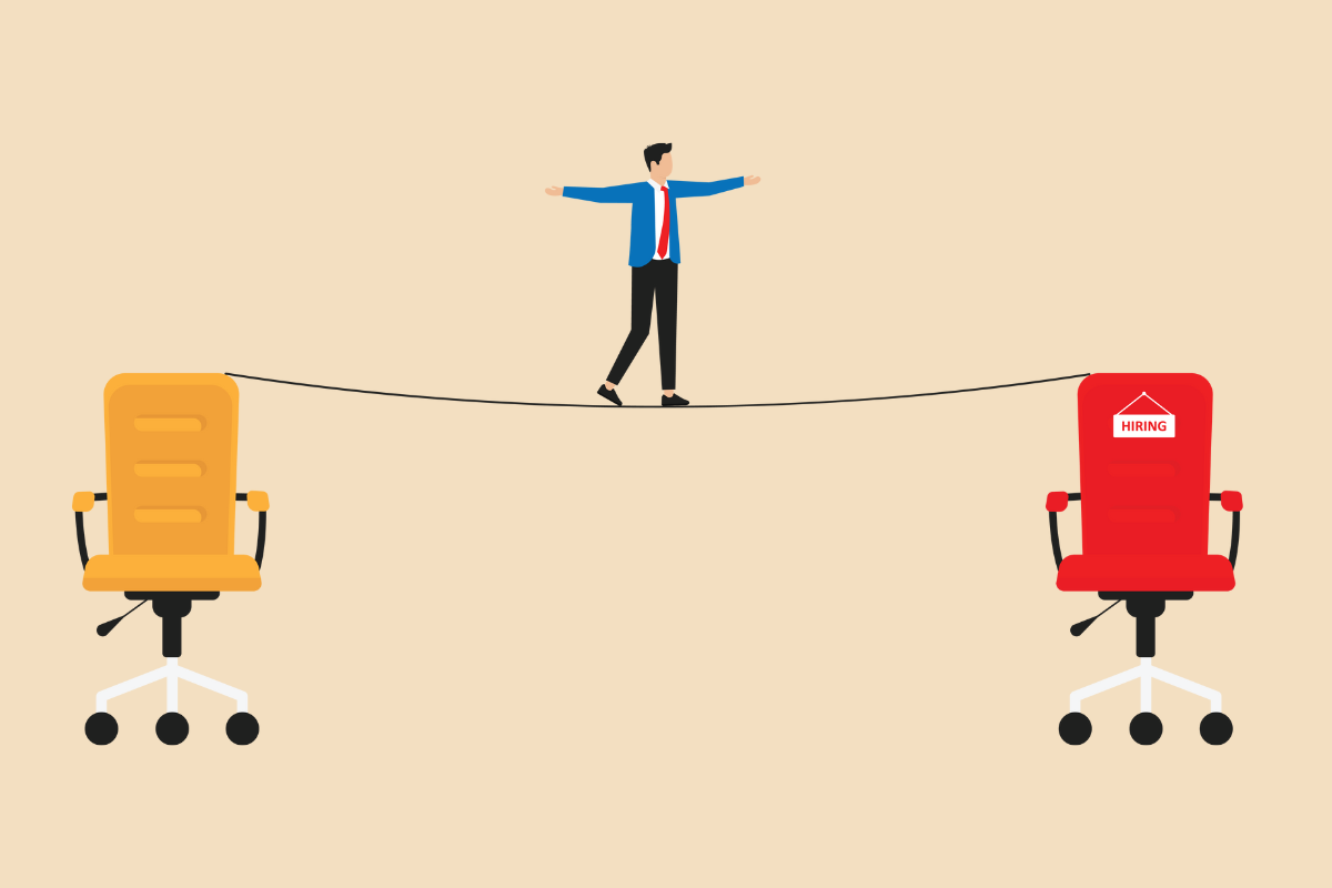 Man walking on a tightrope from one office chair to another, representing changing jobs from a current job to a new job