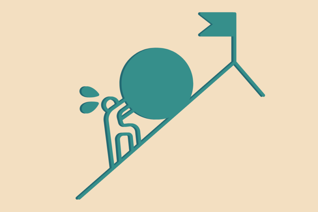 Illustration of person pushing boulder up a hill representing future challenges