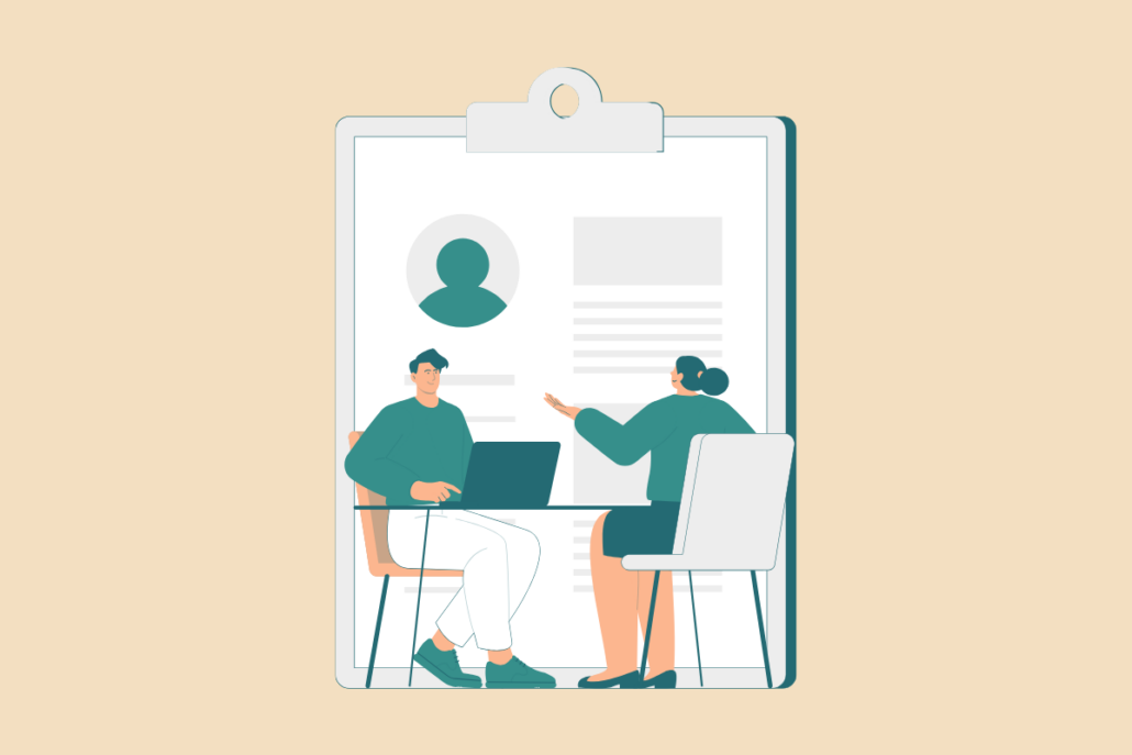 An illustration of a woman interviewing a man depicting essential performance review questions for employees.