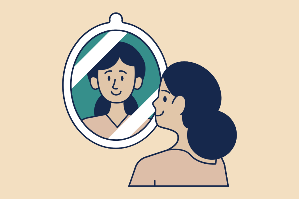 An illustration showing a person looking in the mirror during a self-evaluation performance review questions.