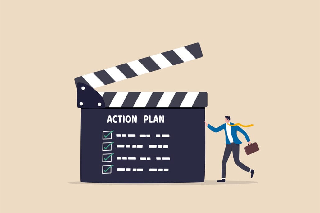 Illustration of a movie clapper board that says "action plan" on it