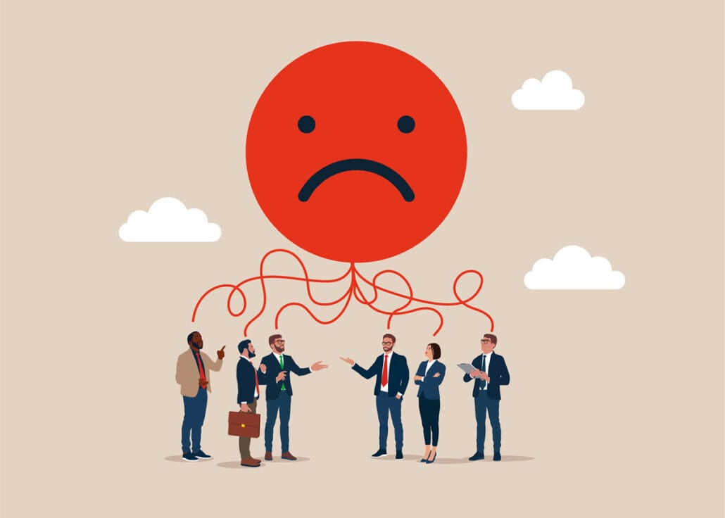 An illustration showing the impact of bad company culture with unhappy employees in a toxic workplace.