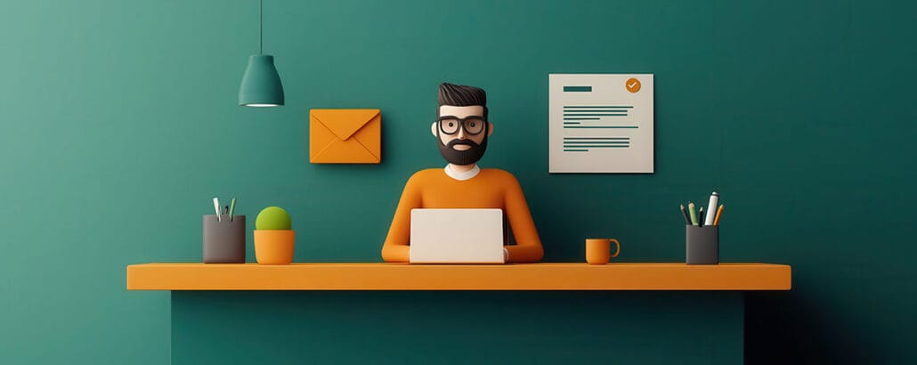 Man writing an email at his desk in a professional tone.