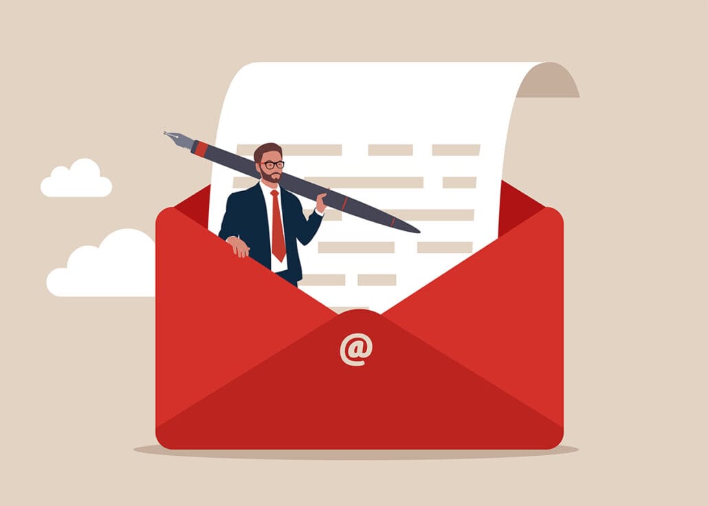 Illustration of man standing in an envelope with a large pen to signify a professional email signature