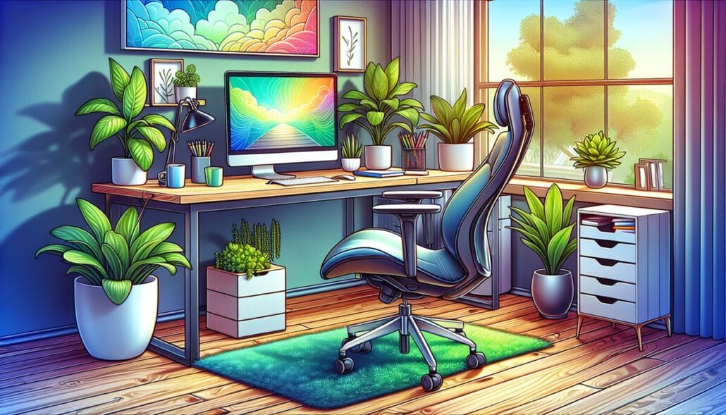 An illustration of a well-organized home workspace with ergonomic furniture.