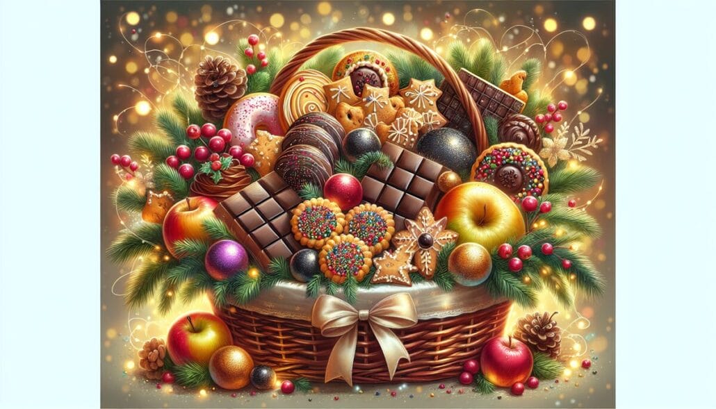 A vibrant illustration of gourmet treats and food baskets for the holidays.