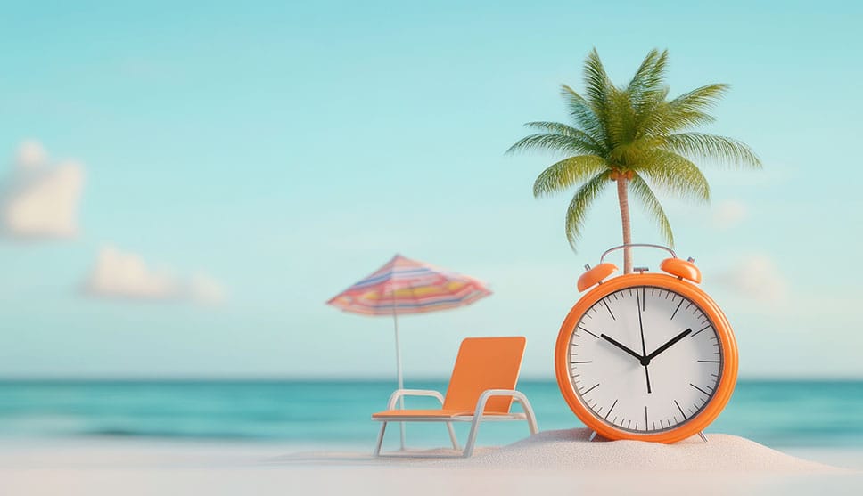 A beach scene to represent benefits, such as an extra day off, other than money.