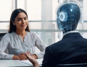 potential candidate being interviewed by artificial intelligence robot