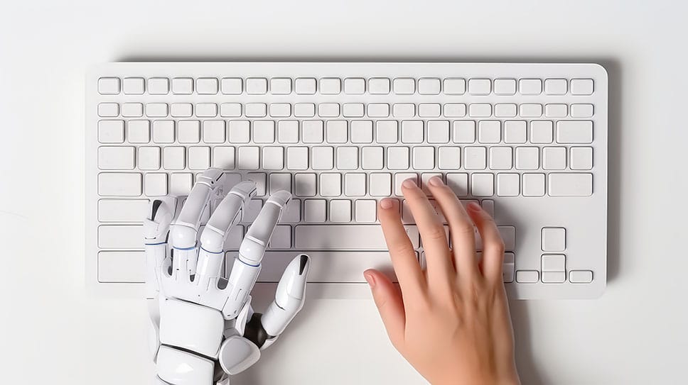 robot hand and hand of worker in ai engineering, one of the fast-growing engineering fields, sitting on a computer keyboard.