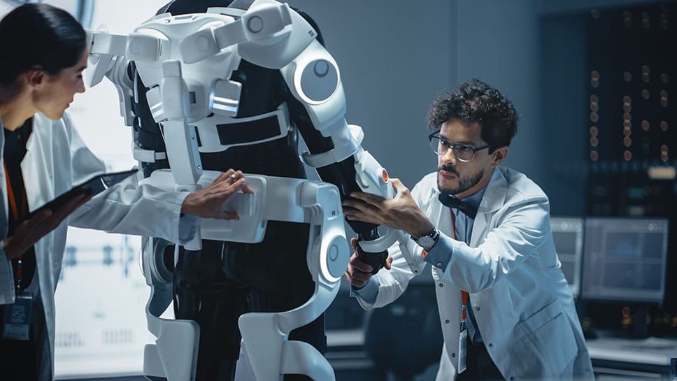 robotics engineer and a colleague working intensely with equipment in their field